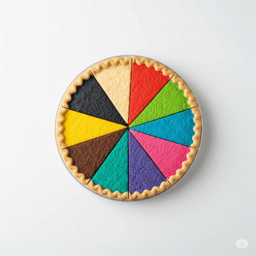 a pie divided into 10 equal pieces where each piece is a different color